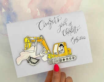 constructeur/excavateur carte de vœux | Carte de vœux de mariage de fiançailles de | camion jaune | carte d'anniversaire avec digger | couple de chercheurs de cartes de mariage | carte de constructeur