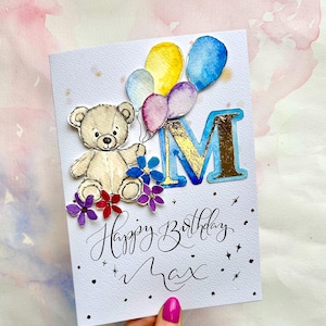 Tarjeta infantil personalizada, primer cumpleaños para niño con oso / Tarjeta personalizada con mensaje, nombre y edad para hijo, sobrina, sobrino, niña, niño