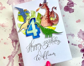 Personalised Calligraphy dinosaur themed Birthday with Age
