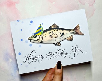 Tarjeta de cumpleaños de pesca dibujada a mano / Peces en acuarela