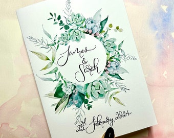 Tarjeta de boda con caligrafía personalizada / Recuerdo hecho a mano con los nombres de la pareja
