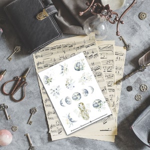 Hoja de pegatinas para Bullet Journal y Travelers Notebook - Watercolor Moons and White Flower Bouquets