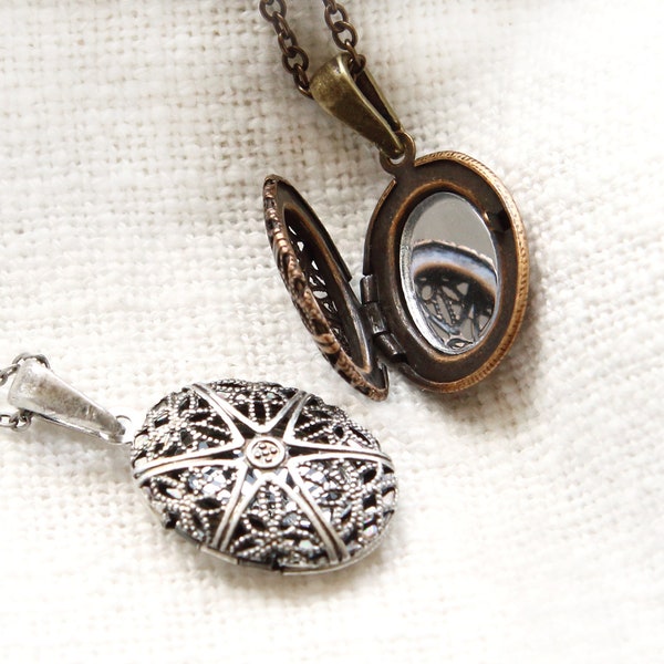 Collar de medallón ovalado de filigrana mini espejo / collar de medallón, collar de medallón de estilo vintage