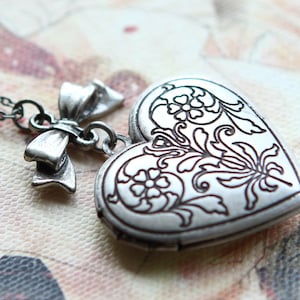 Bow and Secret Heart Locket Necklace Antique Silver: Custom Photo