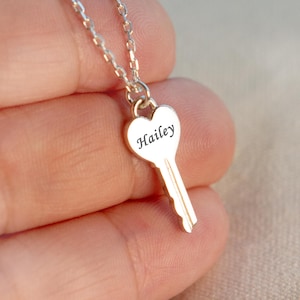 Personalized Sterling Silver Heart Key Necklace: Engraved Initial Name