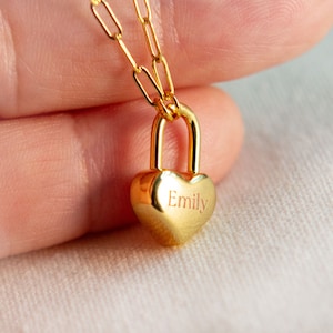 Collar con candado de corazón personalizado / Collar con candado de acero inoxidable grabado personalizado, collar con letra inicial, collar con cadena con clip de papel y candado