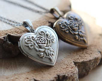 Mirror Vintage Rose Heart Locket Necklace | Mirror Locket Necklace, Vintage style locket necklace