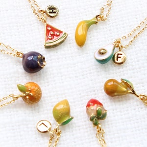 Miniature Fruits Necklace | Initial Necklace, Strawberry, Avocado, Mandarin, Lemon, Blueberry, Watermelon, Banana, Cherry