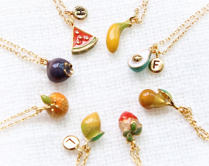 Miniature Fruit Initial Necklace, Dainty Personalized Fruit Charm, Friendship Jewelry Gift