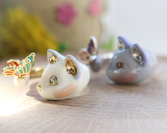 Butterfly and Cat Face Adjustable Ring | Cat Lover Gift, Pet Mom Jewelry,Gift For Cat Lady