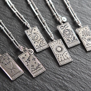 White Gold Tarot Card Necklace, Sun-Moon-Star-Wisdom-Fortune-Strength-World-Heart