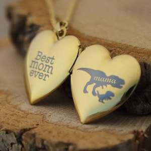 T-Rex Mama and Baby Heart Locket Necklace with Photos | Mama Saurus Dinosaur Necklace, Gift for Mom, Grandma, New Mom, Mother&#39;s Day gift