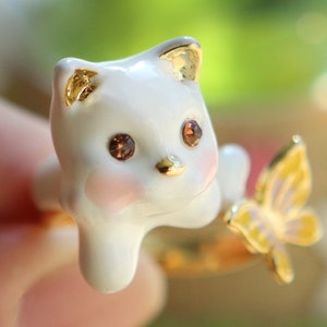 Cute Cat and Butterfly Adjustable Ring | Cat Lover Gift, Pet Mom Jewelry,Gift For Cat Lady