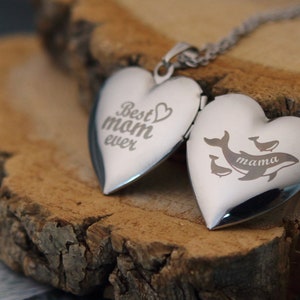 Mama and Baby Whale Heart Locket Necklace with Photos | Custom engraved heart locket Necklace, Gift for Mom, Grandma, New Mom