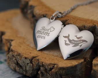 Mama and Baby Whale Heart Locket Necklace with Photos | Custom engraved heart locket Necklace, Gift for Mom, Grandma, New Mom