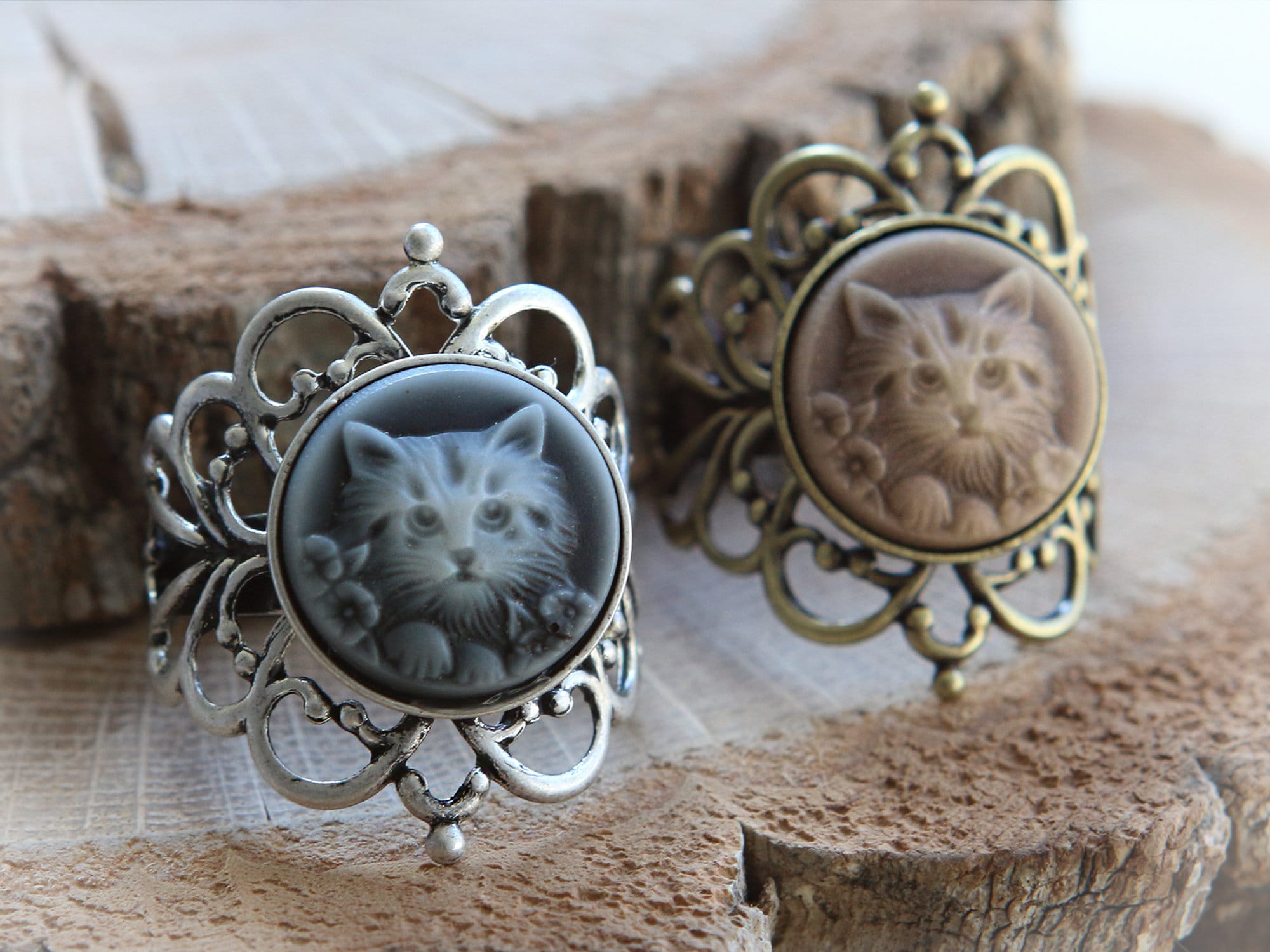 Cat Cameo Ring Adjustable Ring Antique Silver or Brass Vintage Style