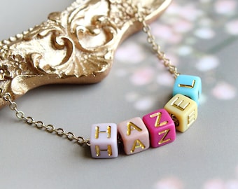 Personalized Cube Beads Name Necklace | Dainty Stainless steel Name Beads, Colorful Beaded Name Necklace, Letter and Message Gold Necklace