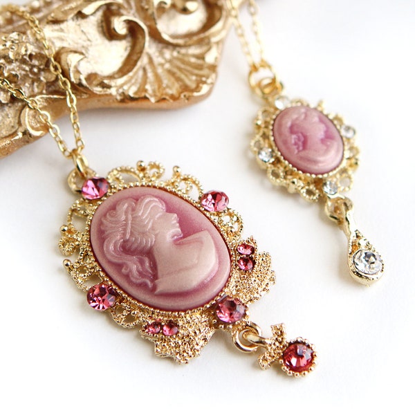 Antique Pink Cameo Necklace Victorian Cameo Necklace Gold Charm Cubic Zirconia Necklace Vintage Inspired Jewelry, gift for her