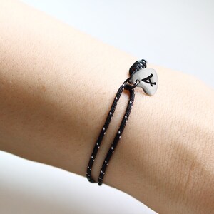 Stainless Steel Heart Initial Simple String Bracelet in Polka Dot Cord | Engraved Name Bracelet Wrap Bracelet Unisex, Surfer Beach Bracelet