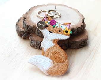 Forest Friends Fox Embroidery Patch Keychain: Personalized Name Charm