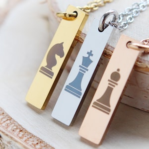 Custom Chess Piece Symbol Bar Necklace: King & Queen Initial Pendant