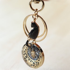 Cat and Mother of Pearl Crescent Moon Keychain: Celestial Bag Charm