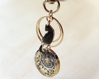 Cat and Mother of Pearl Crescent Moon Keychain: Celestial Bag Charm