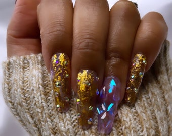 Gold Foil and Aurora Bling Luxury Gel Press on Nails