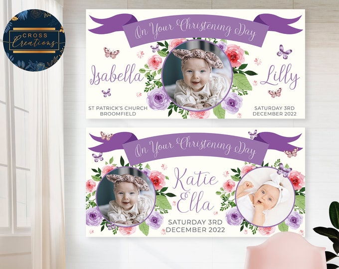 Personalized Christening Banner, Purple Floral, Photo Sign, 4ft