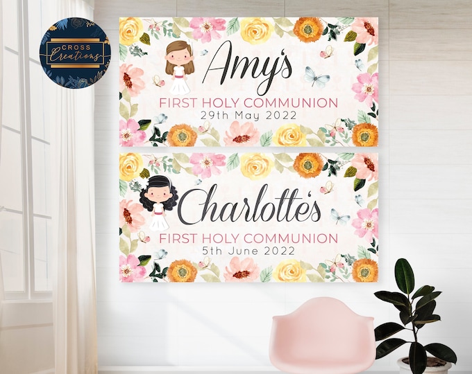 Floral First Holy Communion Banner, Personalized Celebration Sign (4ft x 2ft)