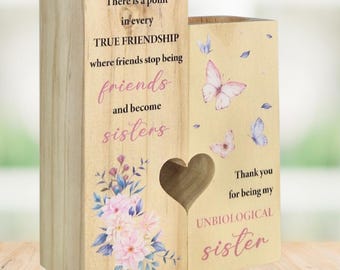 Friendship Personalised Wooden Candle Holder Set - Heart-Shaped Design - Pink and Purple Butterflies - pink flower.