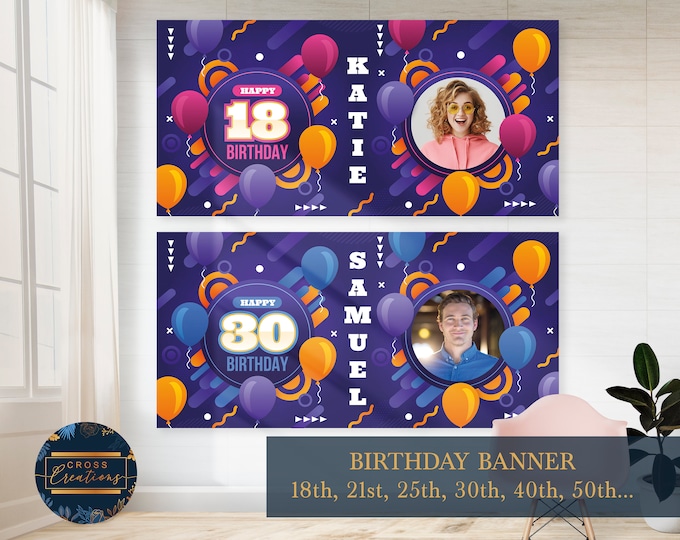 Personalized Birthday Banner | Balloons, Photo, Custom Name