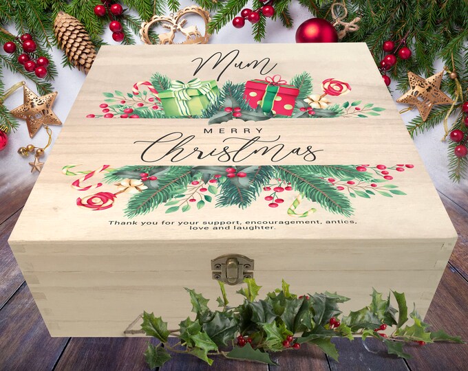 Garland, Candy Canes, Holly, Pine Cone | Personalised Wooden Christmas Eve Box