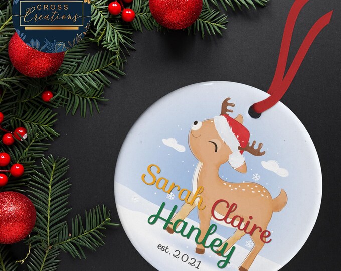 Personalized Baby's First Christmas Ornament | Reindeer Ceramic Decoration