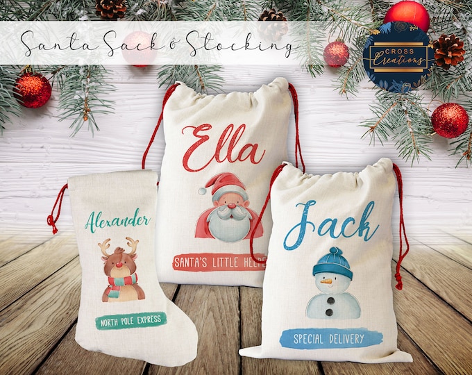 Personalized Christmas Stocking, Santa Sack, Linen-Like Material