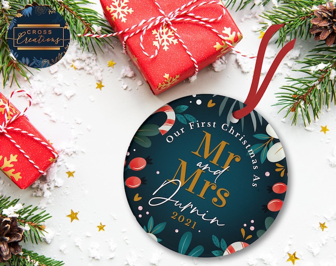 Personalized First Christmas Ceramic Ornament, Dark Blue Candy Cane Design