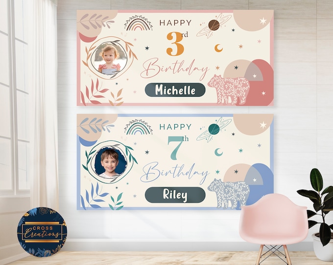 Personalized Boho Space Birthday Banner | Custom Photo, Name, Age
