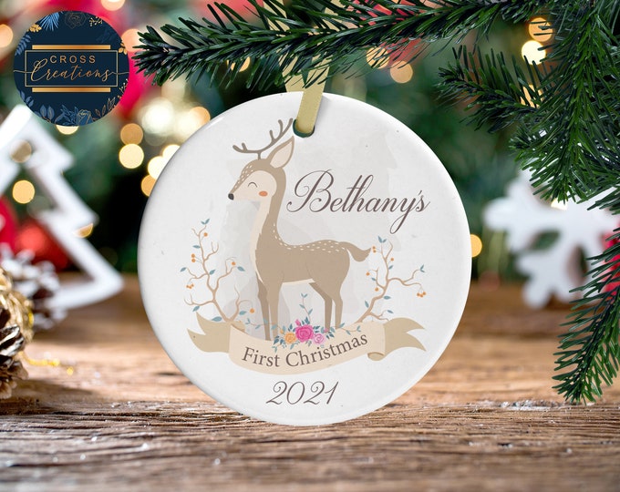 Personalized Baby's First Christmas Reindeer Ornament | Ceramic Round Decoration