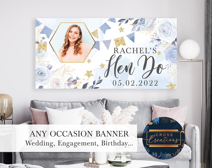 Blue Floral and Gold  Banner | Personalised | Wedding, Engagement, Birthday