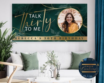 Talk Thirty To Me Personalised Birthday Banner | 18th, 21st, 30th, 40th... | Birthday with Photo | Foliage | Leaves | Green | Gold