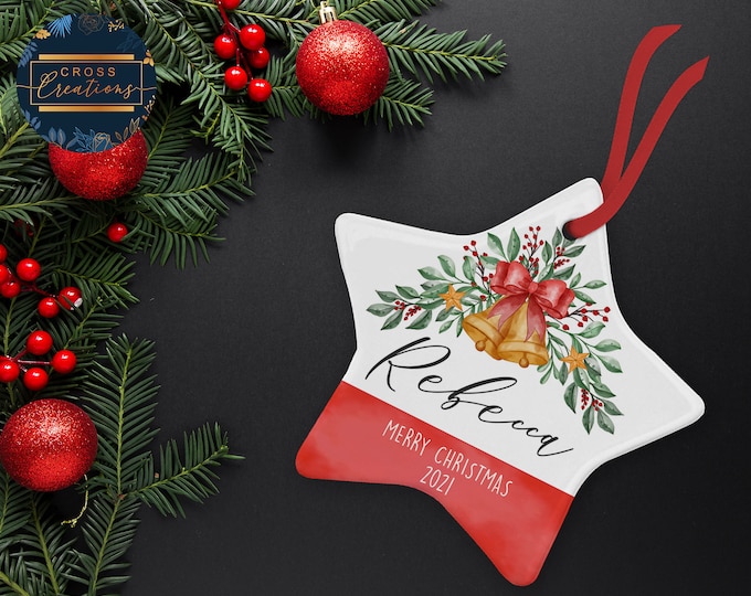 Personalised Merry Christmas Ornament | Watercolour Bow Bells Berries Leaves | Ceramic Star Decoration
