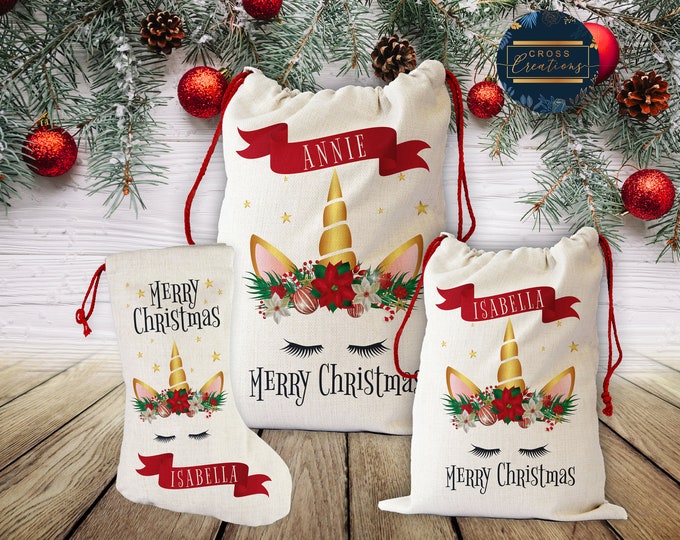 Unicorn Personalised Christmas Santa Sack & Stocking