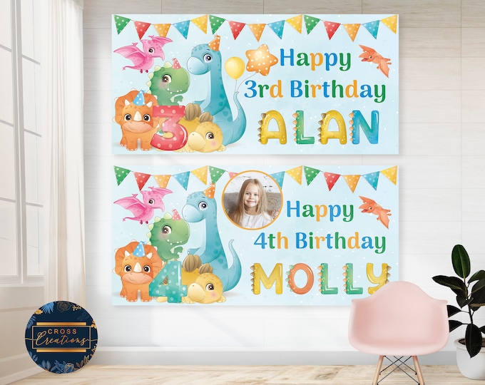 Dinosaur Birthday Banner | Custom Name & Photo, Party Decor