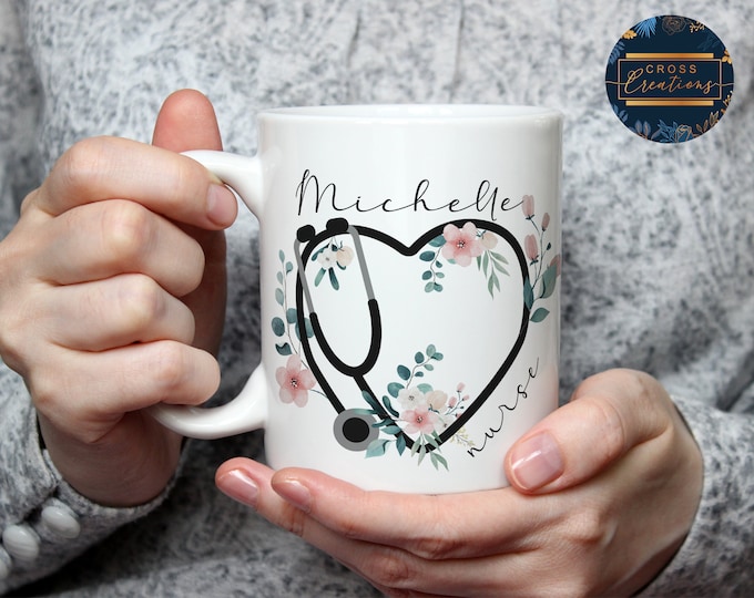 Personalized Stethoscope Heart Floral Mug, Nurse Doctor Gift