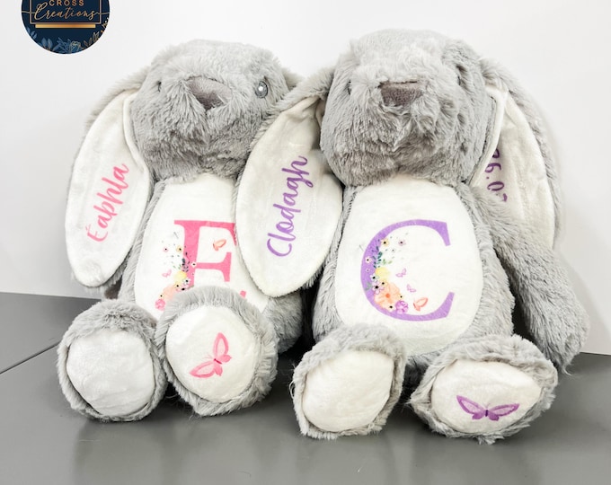 Personalised Bunny Plush Toy with Baby’s Birth Details, Newborn Keepsake Gift, Christening Present, Custom Baby Shower Gift