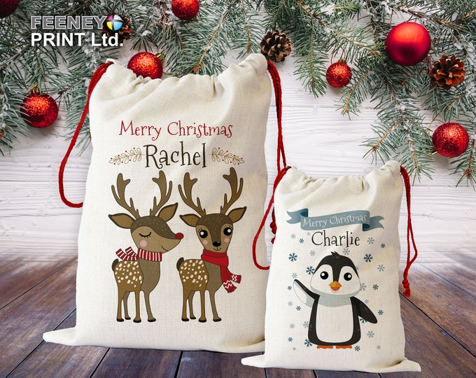 Santa Sack | Large & Small | Reindeer, Santa, Penguin, Christmas Tree, Elf, Polar Bear, Wreath, Floral
