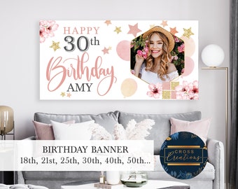 Personalized Floral Birthday Banner | Photo Option, Custom Name, 4ft x 2ft