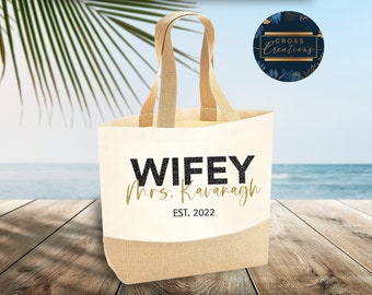Personalized Wifey Jute Tote Bag | Honeymoon Beach Bag