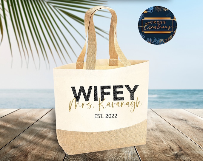 Personalized Wifey Jute Tote Bag | Honeymoon Beach Bag
