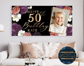 Personalised Birthday Banner| Black and Gold with Pink, White & Purple Florals | Custom Name Banner, Birthday Party Banner, Custom Photo